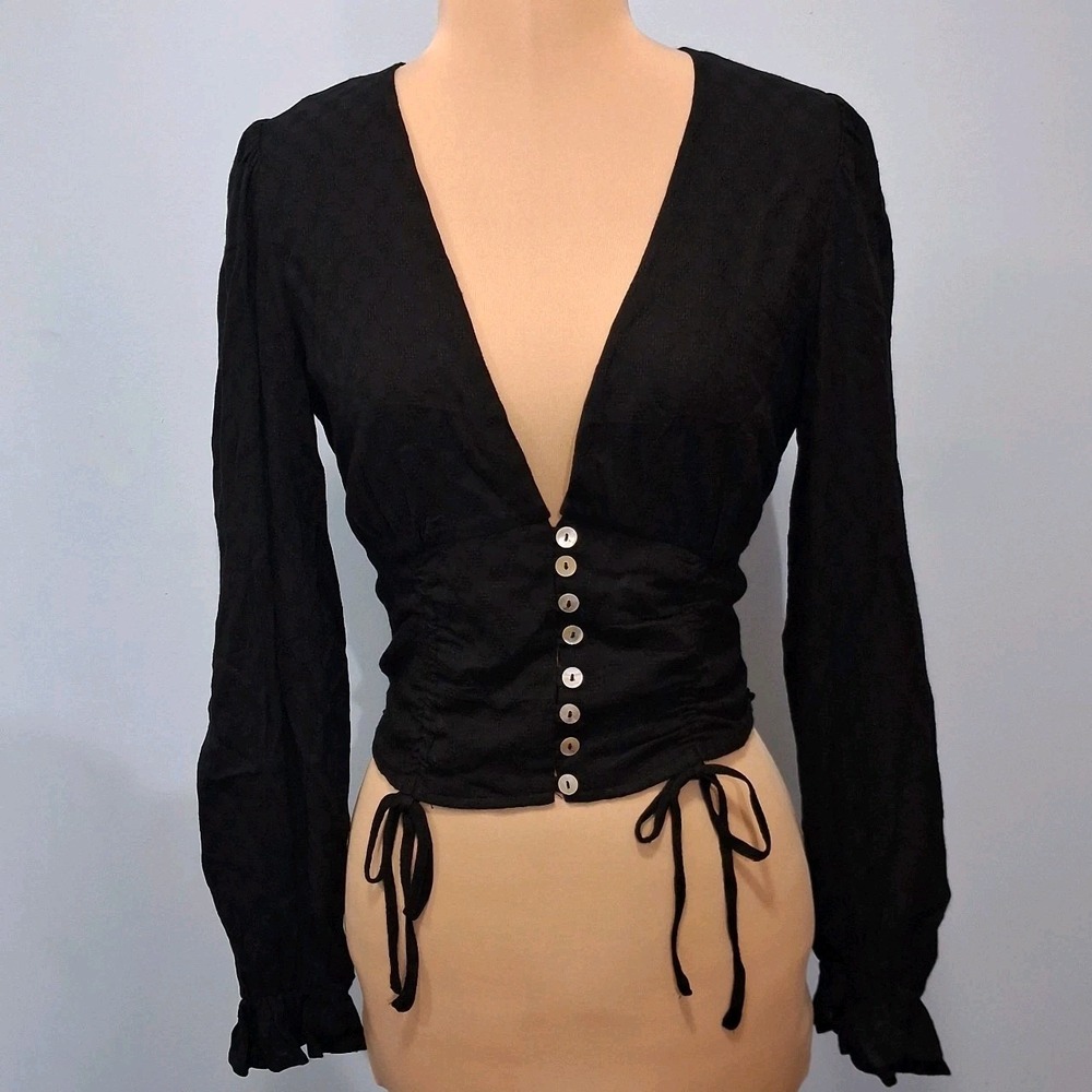 Love Crazy Womens Deep V‎ Cropped Top Sz S Black Long Sleeve Ruched Tie Festival